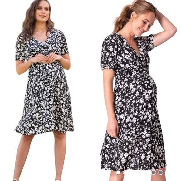 Seraphine Button Down Wrap Maternity & Nursing Dress Floral Short Sleeve Midi - Picture 1 of 13
